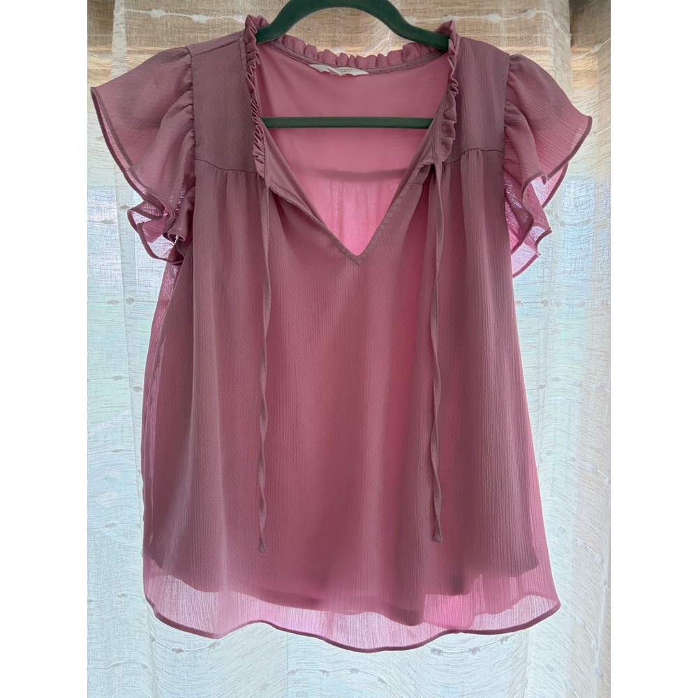 LC Lauren Conrad Mauve Pink Flutter Sleeve Ruffle Tie Neck Chiffon Blouse S